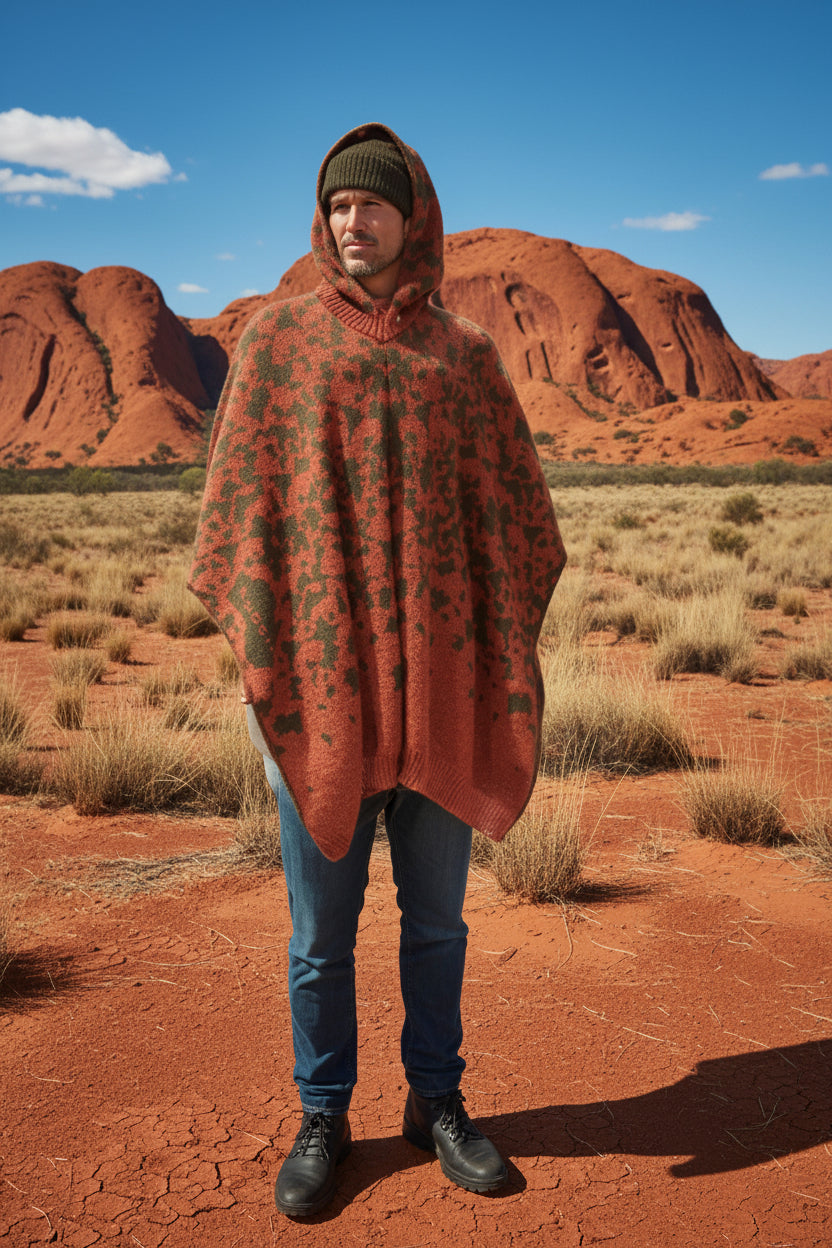 Australian Alpaca Thick CAMO Poncho Hooded, Terracotta