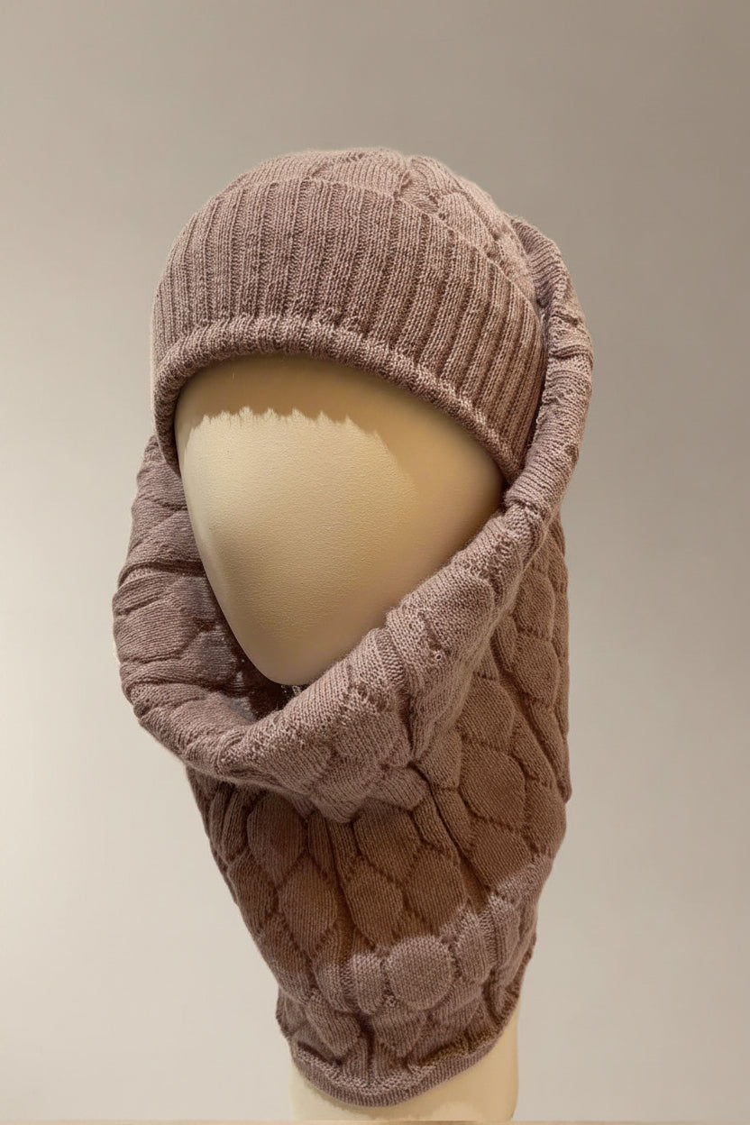 Alpaca Set High Relief Beanie and Neck warmer Reversible Coral Rose