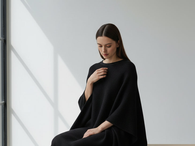 Alpaca Poncho Batwing Silhouette Black