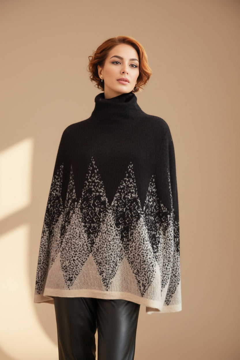 Alpaca High Neck Poncho | Checkered Design