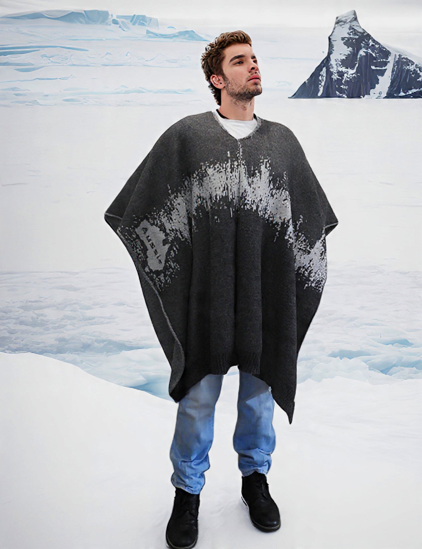 Australian Alpaca Thick Poncho, Disruption V-Neck Charcoal