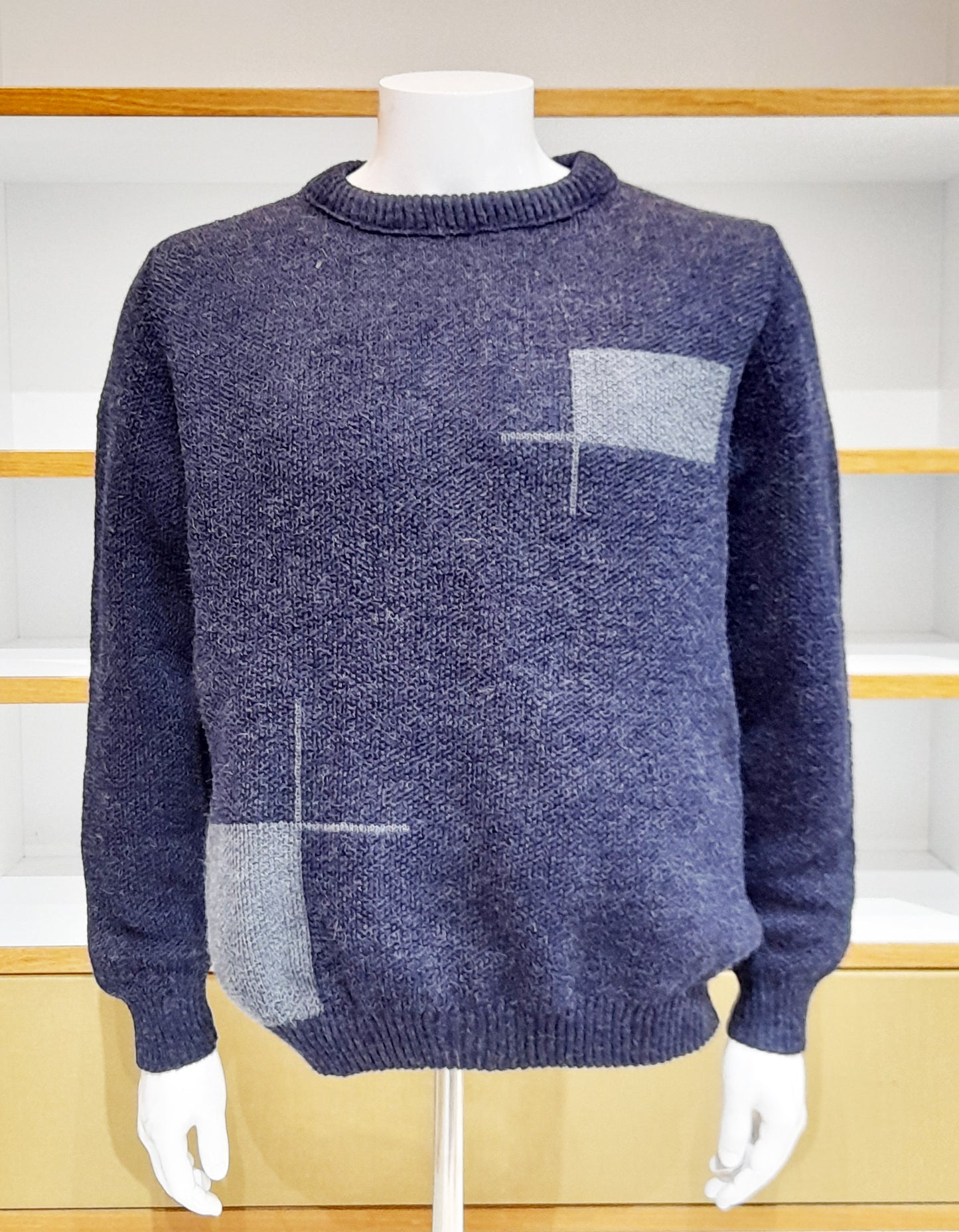 Alpaca Jacquard Sweater Men Denim Blue