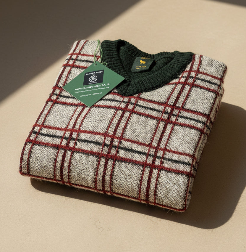 Folded cream knit sweater with burgundy and dark green checks, a dark green V-neck and Alpaca Shop Australia tag.