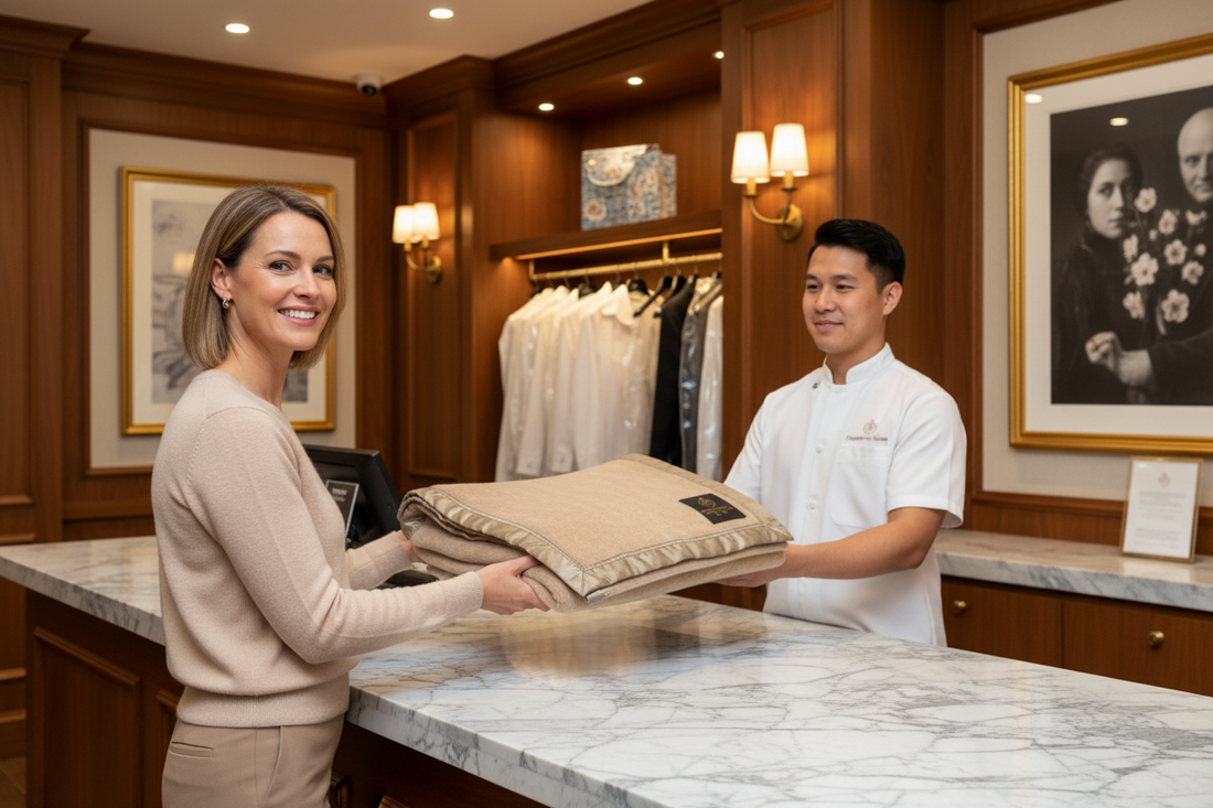 Australian woman handing a king-size natural alpaca fibre blanket to a professional dry cleaner at a prestigious boutique laundry