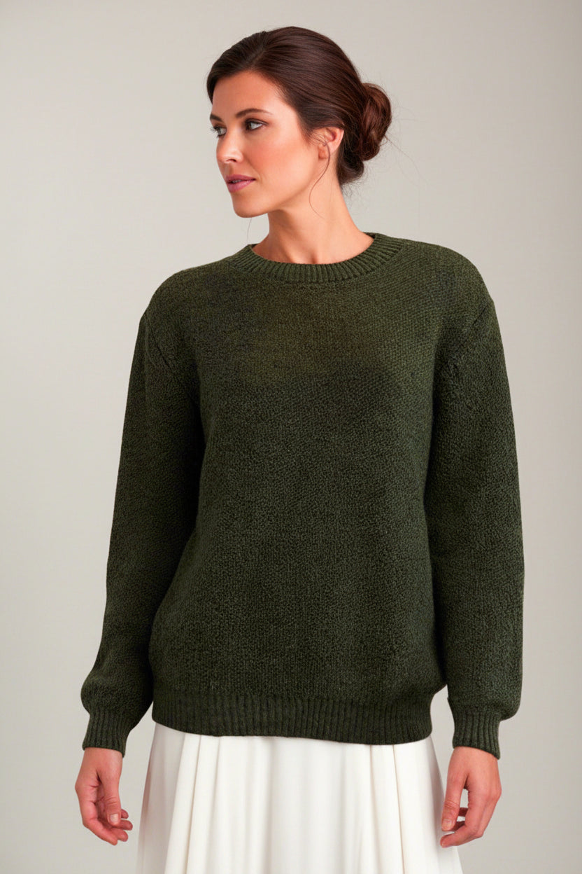 Alpaca Round Neckline Jacquard Pattern Green Melange