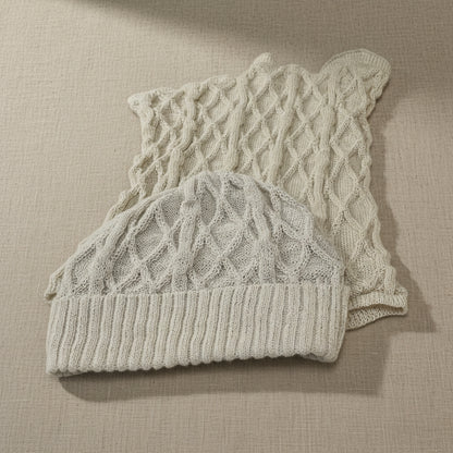 Alpaca Set High Relief Beanie and Neck warmer Reversible Natural White