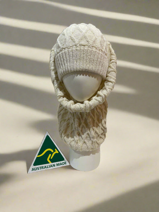 Alpaca Set High Relief Beanie and Neck warmer Reversible Natural White