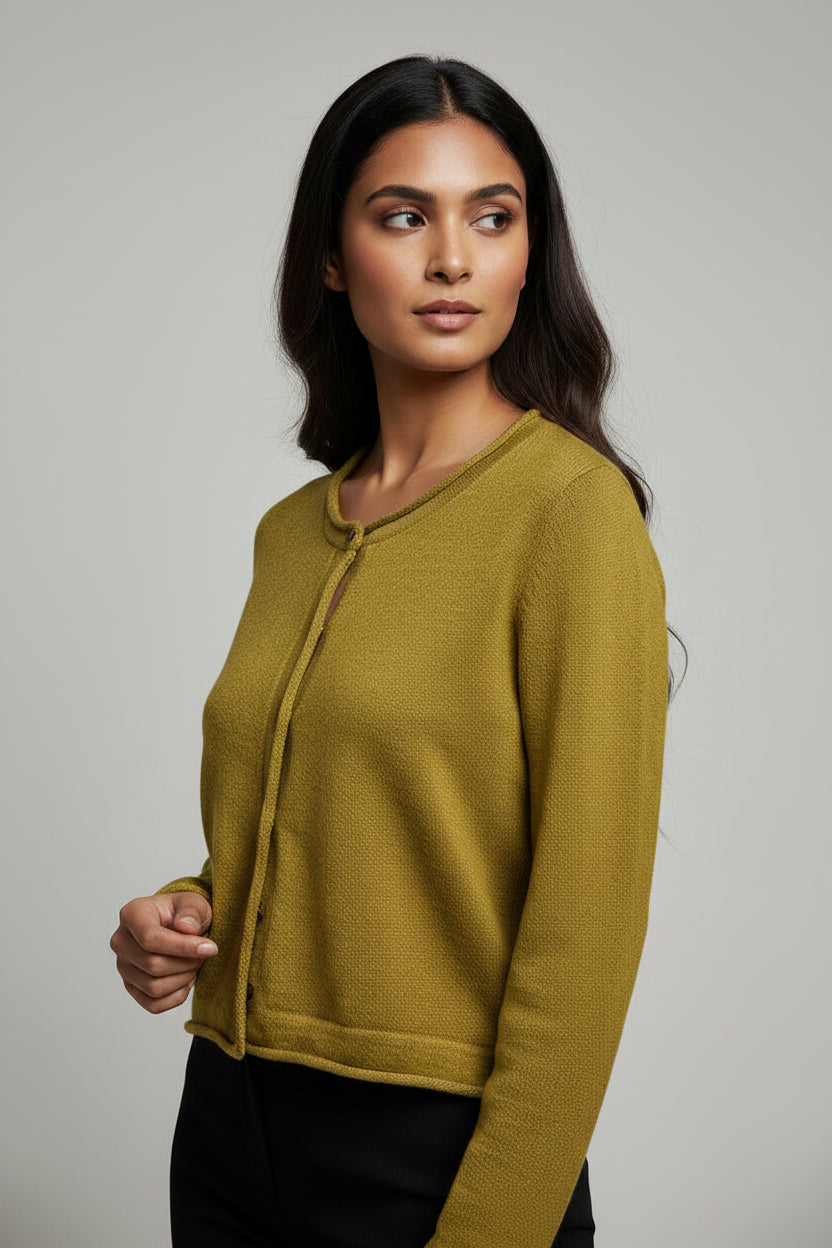 Alpaca  Cardigan Classy Jersey Roll Up Neckline, Mustard