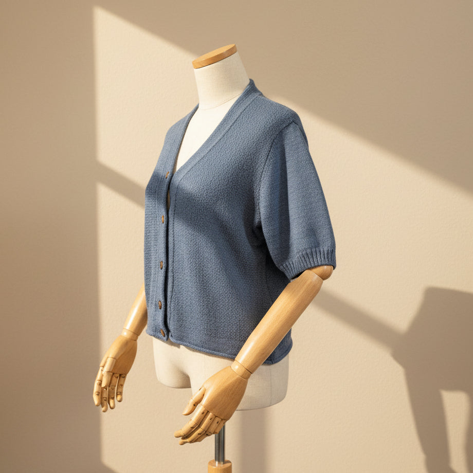 Alpaca Short Sleeve Light Cardigan Slate Blue Melange