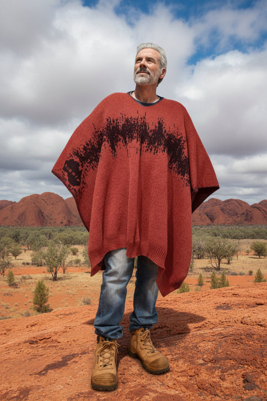 Australian Alpaca Thick Poncho, Disruption V-Neck, Terracotta