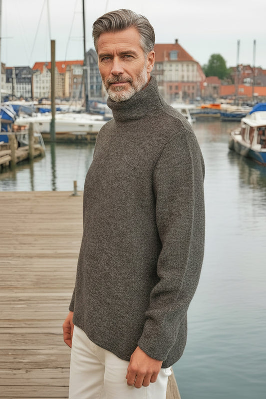Men's Baby Alpaca Sweater | Tall Neck | Mohair-Like Softness, Natural Gray