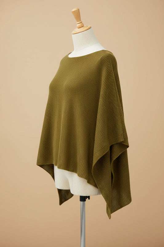 Alpaca Light Knit Poncho Rice Grain Pattern, Mustard
