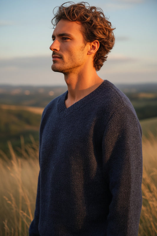 Alpaca Classic Jacquard Sweater Men V-Neck Blue