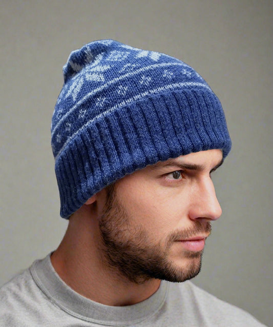 Alpaca Norwegian Pattern Beanie Blue Unisex