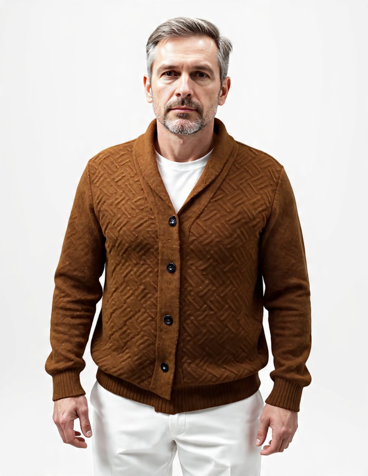 Alpaca Cardigan High Relief Jacquard Men Terra