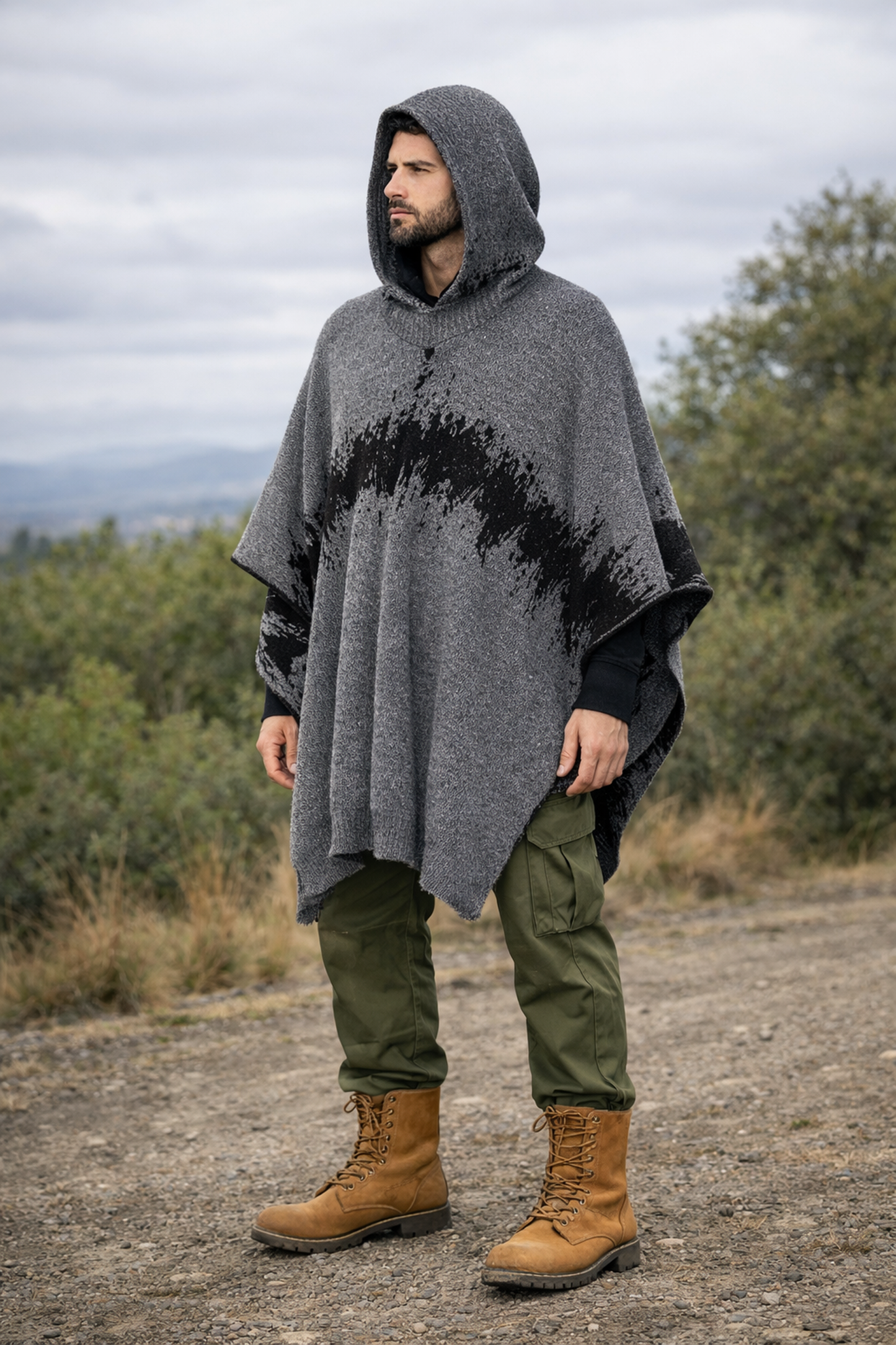 Australian Alpaca Thick Poncho Hooded, Disruption in Grey