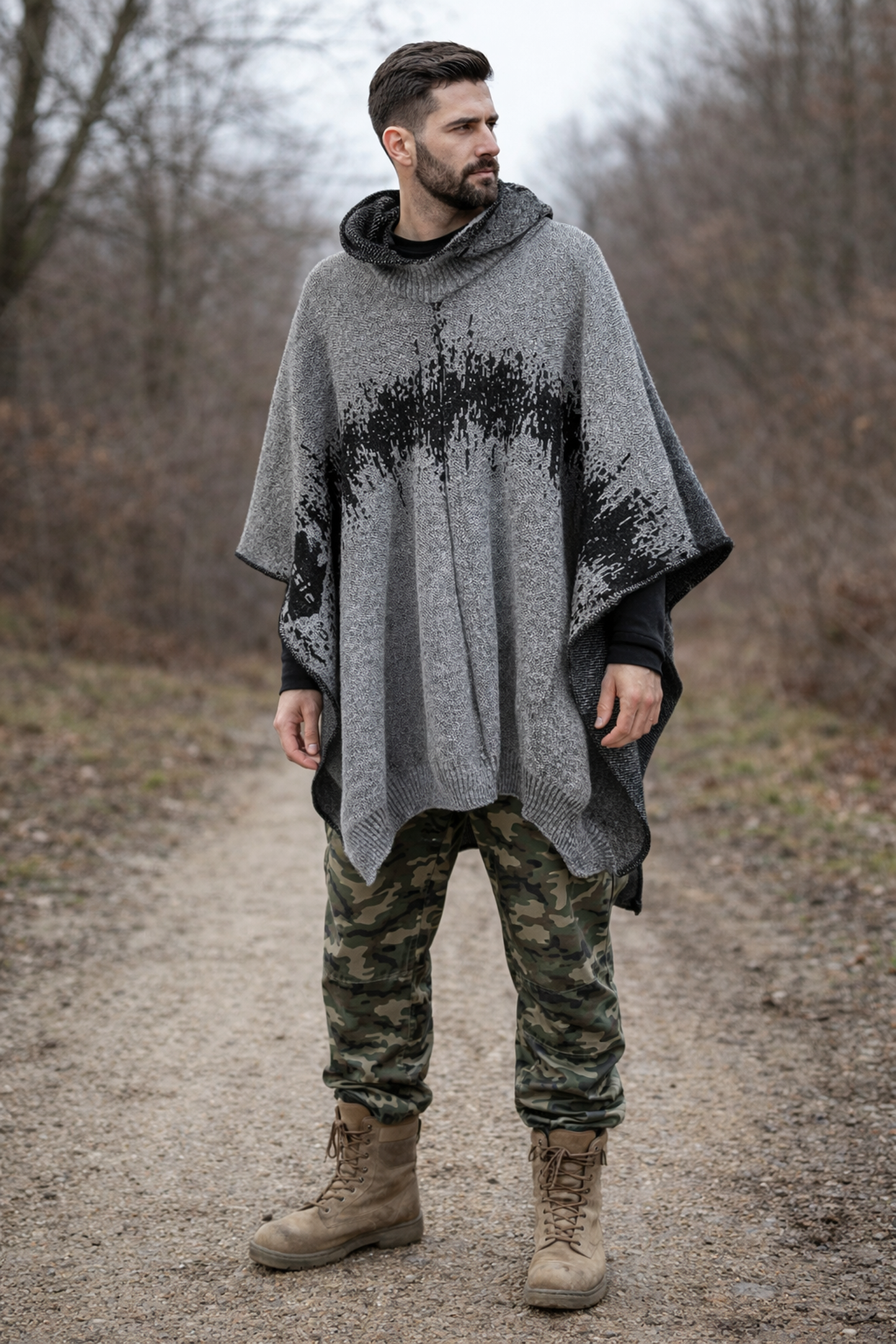 Australian Alpaca Thick Poncho Hooded, Disruption in Grey