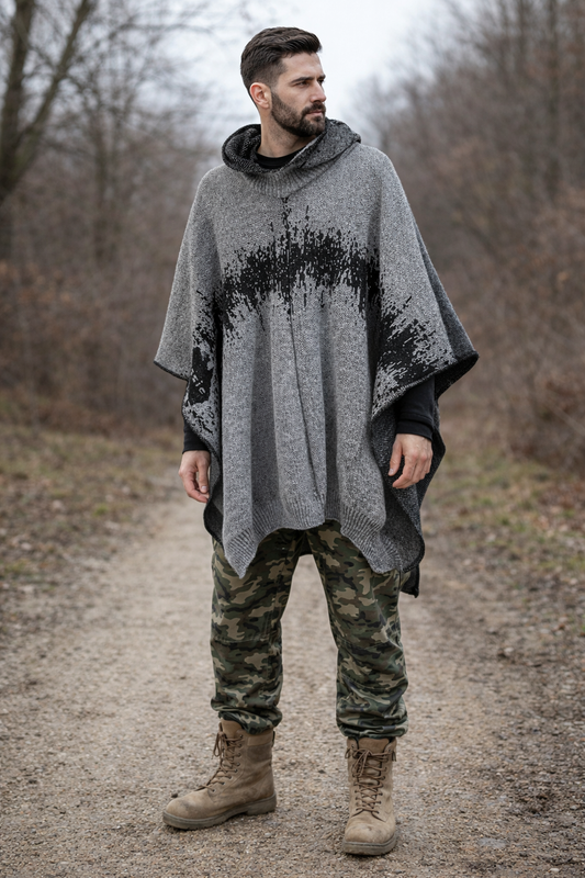 Australian Alpaca Thick Poncho Hooded, Disruption in Grey