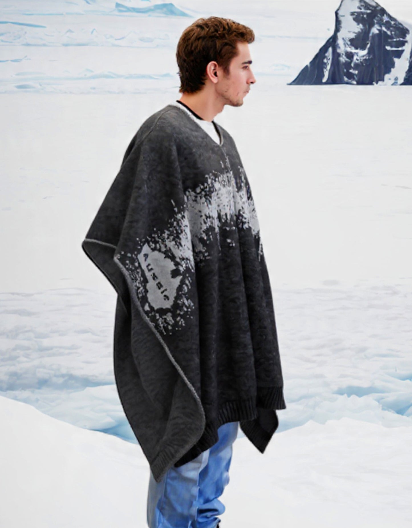 Australian Alpaca Thick Poncho, Disruption V-Neck Charcoal