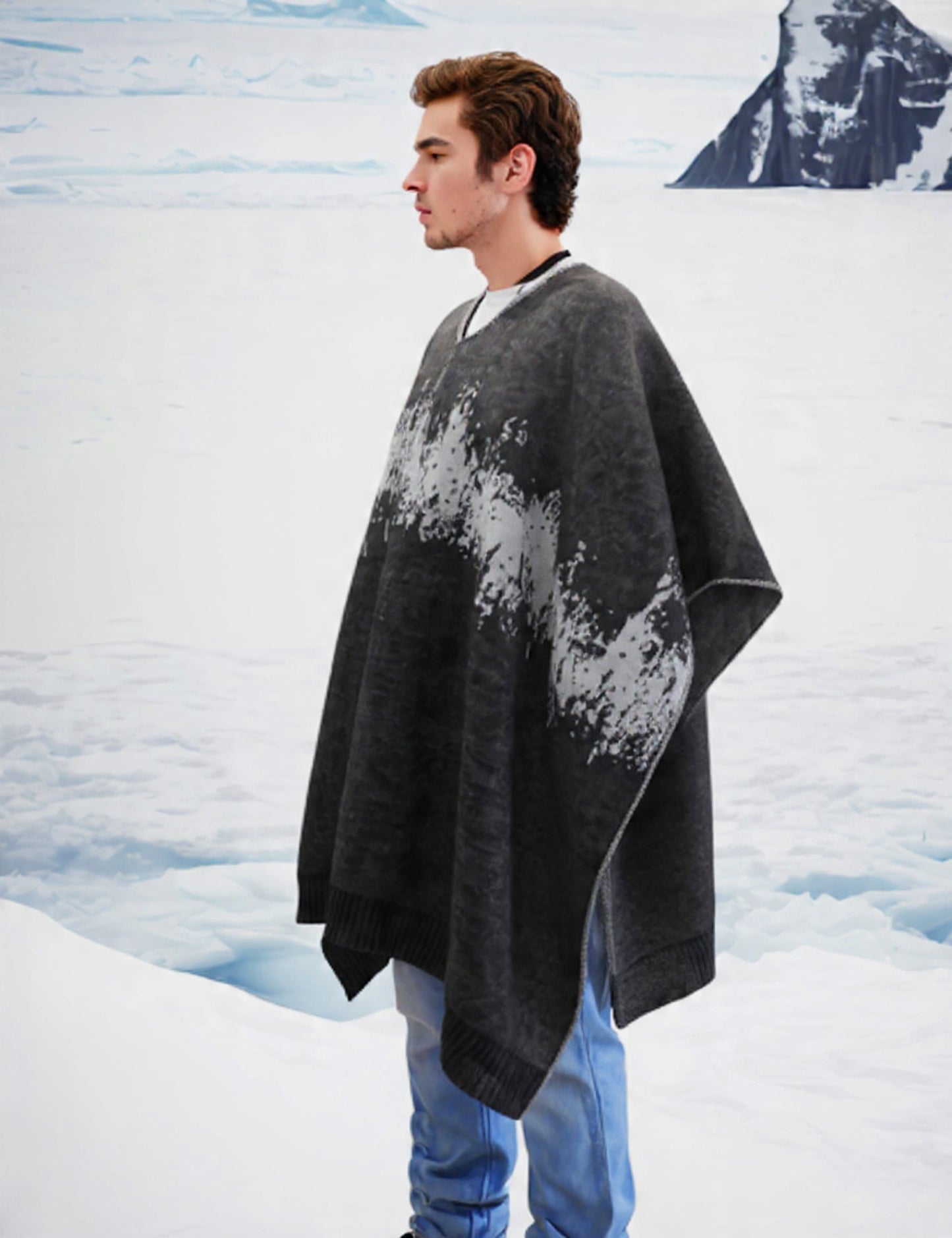 Australian Alpaca Thick Poncho, Disruption V-Neck Charcoal