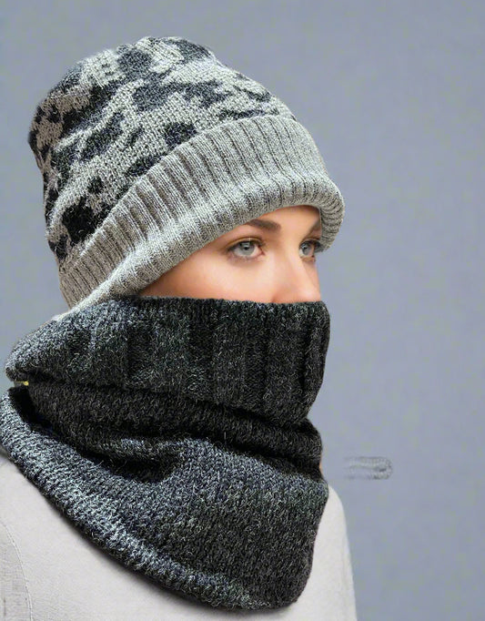 Alpaca Unisex Set CAMO Beanie/Neck warmer Charcoal