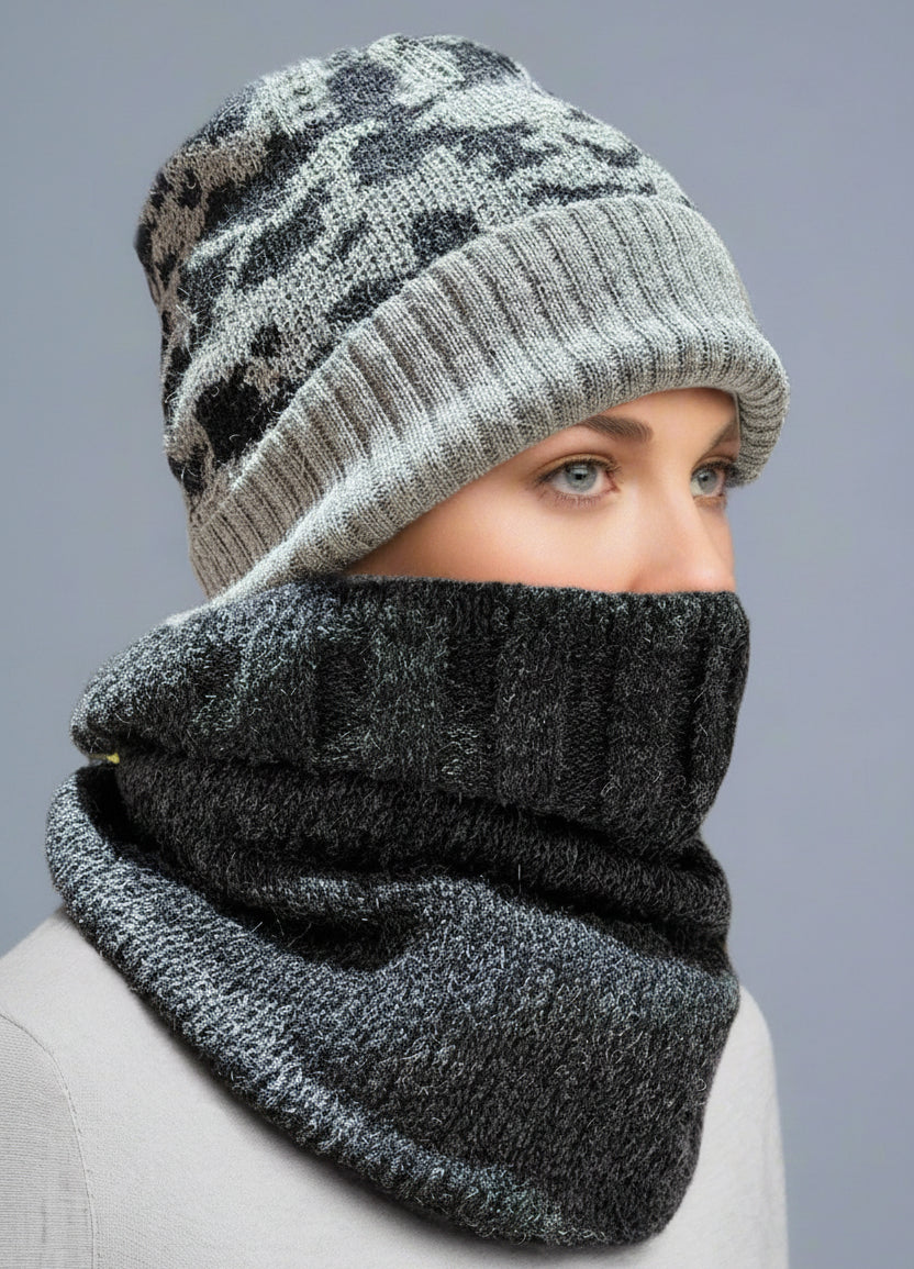 Alpaca Unisex Set CAMO Beanie/Neck warmer Charcoal