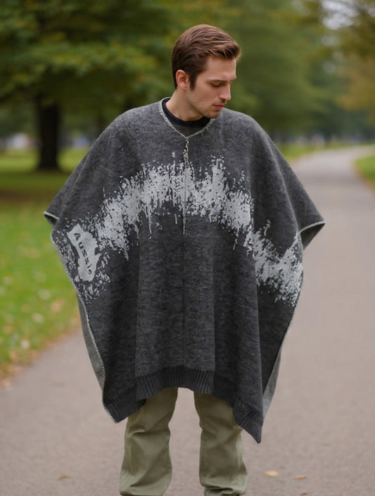 Australian Alpaca Thick Poncho, Disruption V-Neck Charcoal