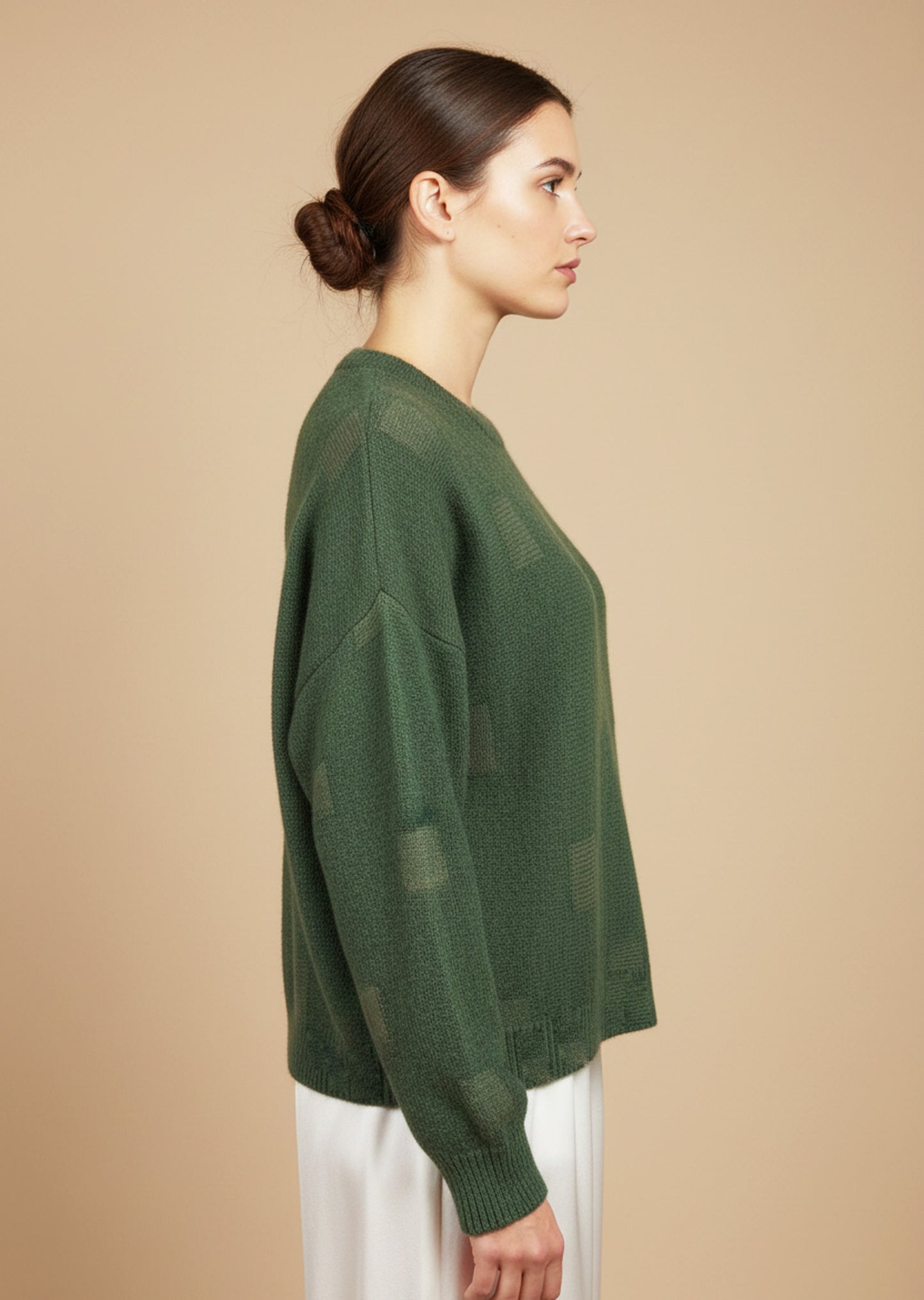 Alpaca Women’s Round Neck Cherry Jacquard Square Knit, Green