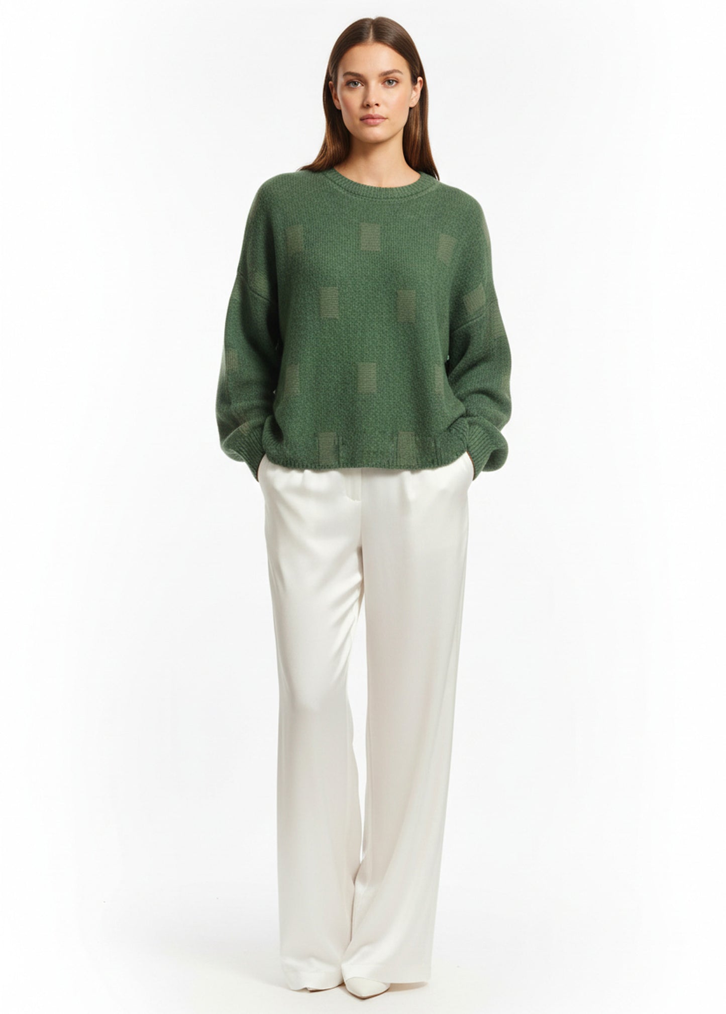 Alpaca Women’s Round Neck Cherry Jacquard Square Knit, Green