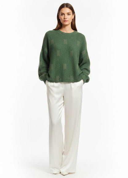 Alpaca Women’s Round Neck Cherry Jacquard Square Knit, Green