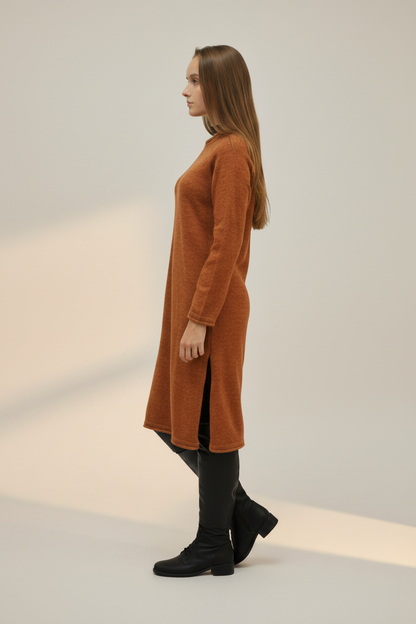 Alpaca Long Dress | Jacquard Stitch | Orange Melange